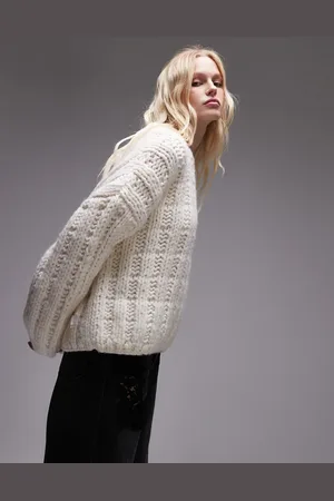 Topshop Premium hand knit ladder stitch oversized jumper in ivory