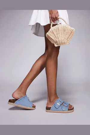 South Beach Double buckle espadrille sandals in frayed denim