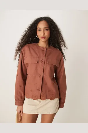 ASOS Collarless twill broderie jacket in terracotta