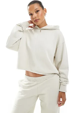 Pull&Bear Cropped raw edge hoodie co-ord in ecru