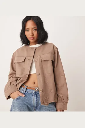 ASOS ASOS DESIGN Petite collarless twill broderie jacket in mushroom