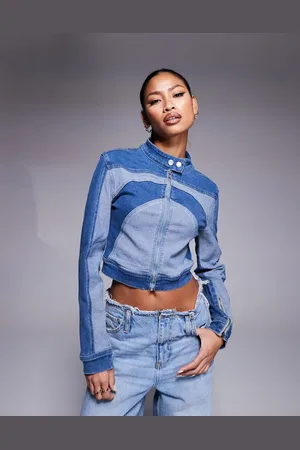 Liquor N Poker Contrast panel zip through biker jacket in light blue