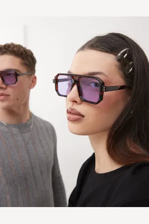 Reclaimed Unisex square edge tortoiseshell aviator sunglasses with purple lense