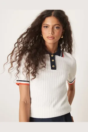 GANT Ribbed contrast tipped polo top in cream