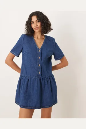 ASOS Drop waist denim v neck mini dress in indigo