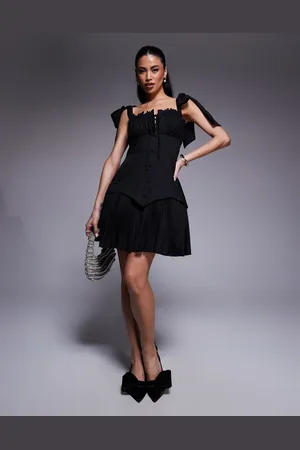 ASOS Cotton poplin ruched bust mini dress with pleated skirt in