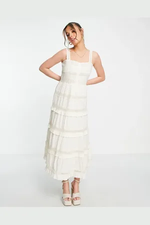Miss Selfridge Broderie frill detail strappy midi dress in cream