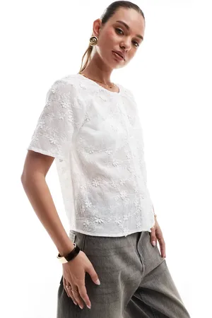 Pieces® Floral applique short sleeve button front top in