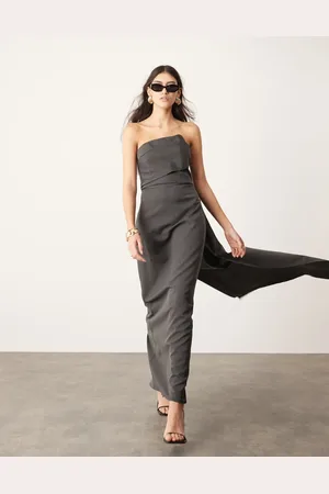 ASOS Tailored asymmetric neck bandeau maxi dress with train in charcoal