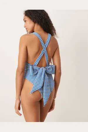 ASOS Seersucker scoop swimsuit with giant bow back detail in gingham