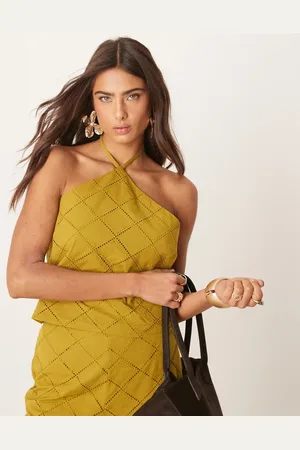 ASOS Halter neck crop top co-ord with geo cutwork in olive