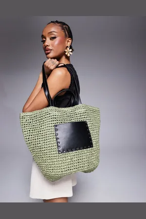 South Beach Straw shoulder tote bag with PU panel in olive