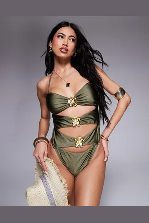 Candypants Gold flower hardware cut out swimsuit in olive