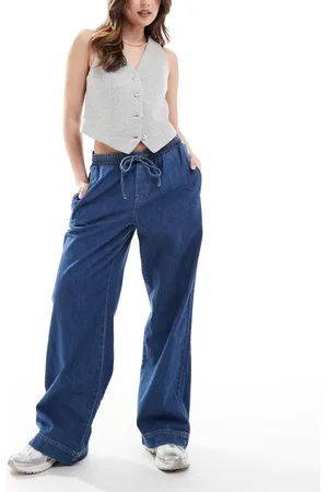 Pieces® Drawstring waist wide leg jeans in dark blue denim wash