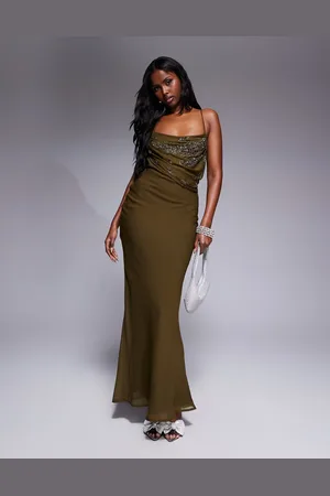 ASOS Embellished cami strap drape bodice maxi dress with bias skirt in khaki
