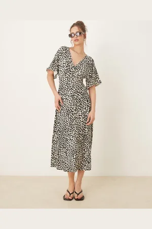 ASOS Roll sleeve button front midi tea dress in animal print