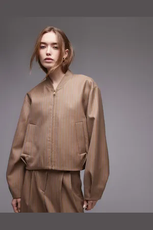 & OTHER STORIES Co-ord lux bomber jacket with zip front and pleats in beige stripes