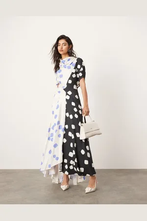 ASOS Cowl neck midi dress with asymmetric hem in colourblock spot