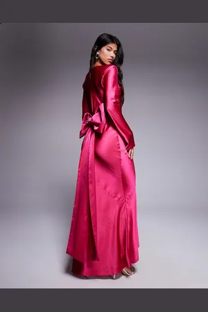DASKA Satin maxi dress with exaggerated bow back in fuchsia