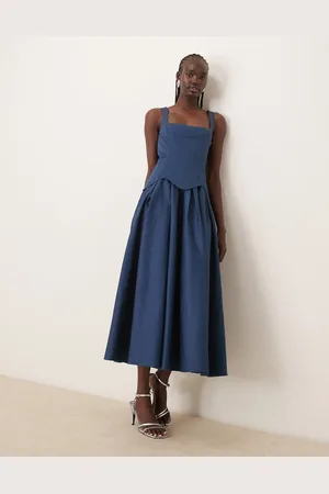 ASOS Structured corset full skirt midi dress in dark denim