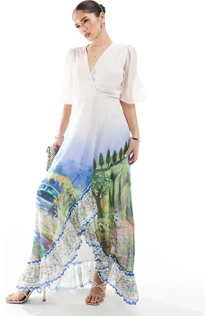 HOPE & IVY Flutter sleeve maxi wrap dress with tie waist in scenic print