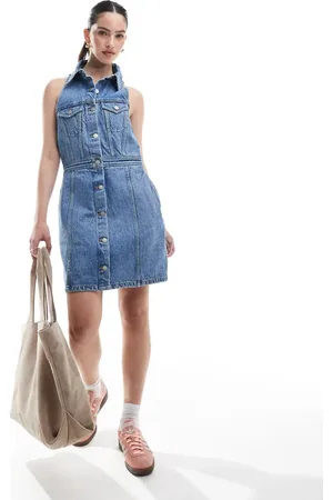 Dr Denim Kinsley button front sleeveless collar mini dress in mid wash
