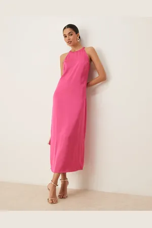 VILA Satin high neck maxi dress in raspberry