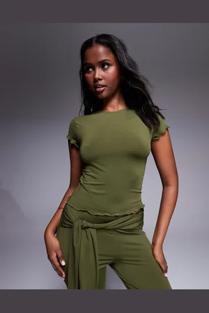 ASOS Co-ord slinky short sleeve top with lettuce edge in khaki