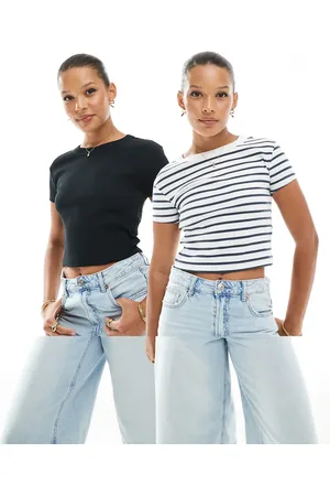 Pull&Bear 2 pack baby tee in black & stripe