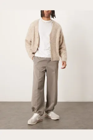 ASOS Pull on smart wide leg trousers with hem poppers in muted khaki