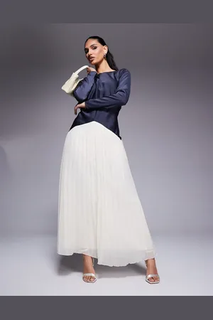ASOS Colour block dropped waist pleated skirt maxi dress in navy and cream