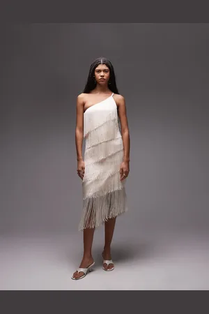 MANGO Fringe one shoulder maxi dress in