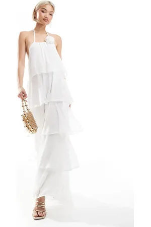 Pieces® Ruffle tiered maxi dress with corsage detail in
