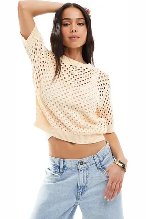 Brave Soul Crew neck crochet knit t-shirt in peach