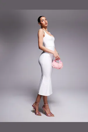 Vesper Bengaline sleeveless square neck fishtail midi dress in