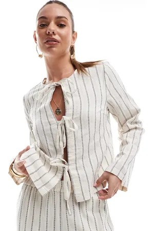 Pieces® Linen touch tie front blouse co-ord in birch cream and stripe