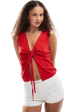 COLLUSION Woven build up tank top with tie detail in