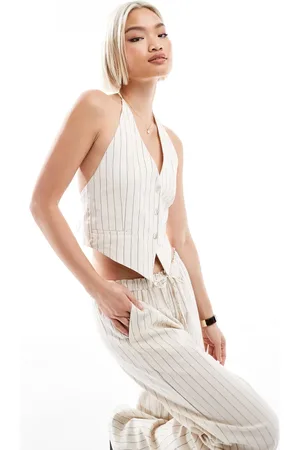 Pull&Bear Rustic halterneck waistcoat co-ord in ecru