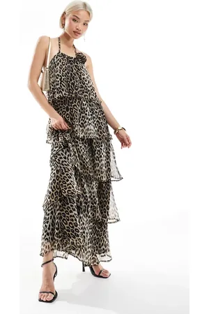 Pieces® Ruffle tiered maxi dress with corsage detail in leopard print