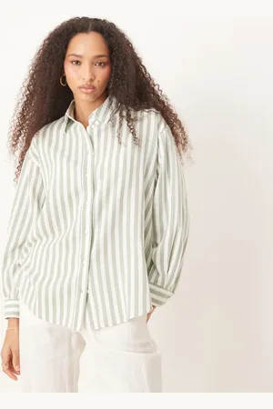 Stradivarius Linen look long sleeve shirt in light stripe