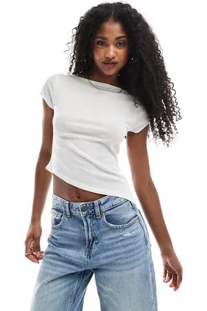 ASOS Semi sheer short sleeve top with asymmetric hem in ivory