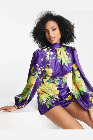 ASOS Satin puff sleeve playsuit in oversized wild flower print