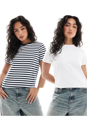 Pull&Bear 2 pack short sleeve cotton t-shirt in white & stripe
