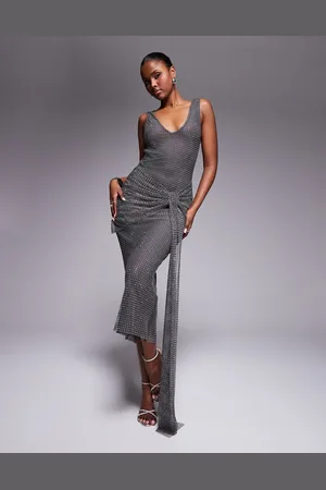 ASOS Scoop neck fishnet hotfix embellished midi dress with sash detail skirt in in charcoal