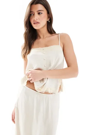 Pull&Bear Lace trim button up cami co-ord in vanilla