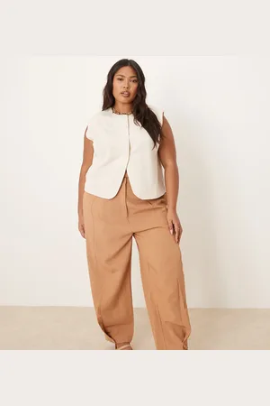 ASOS Curve tailored linen trousers with multi way tab hem in tan