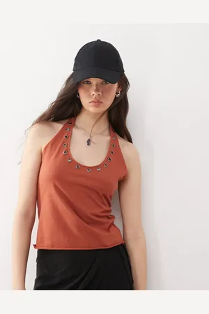 Weekday Halter neck top with eyelet detail in rust