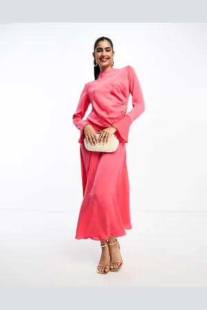 ASOS Ruched side cowl neck maxi dress with asymmetric tier in hot