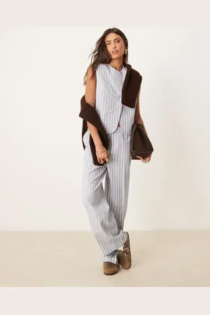 ASOS Tailored straight leg trousers with linen co-ord in blue and white stripe