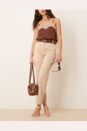 ASOS Tailored slim straight trousers with PU belt in stone